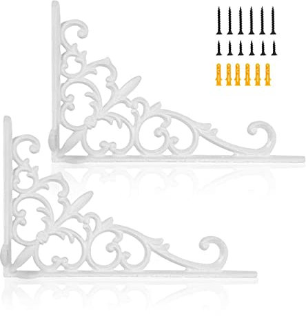 Z Metnal Decorative Shelf Brackets, White Cast Wrought Iron Metal Mailbox Bracket, 90° Right Angle Victorian Brackets, Wall Decor, Modern Shelving Bracket for DIY Floating Shelves, 2 Pcs