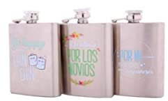 Lote de 6 Elegantes Petacas de Metal Frases en Caja de Regalo. Recuerdos y Complementos. Regalos Originales. Detalles de Bodas, Comuniones, Bautizos, Cumpleaños. DK