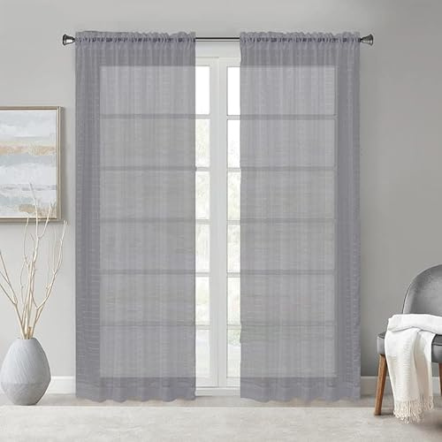 Megachest a pair of sheer IVY checkered pattern voile curtain with tie backs (Dark Silver,W 56 x L 90 (2 Panels))