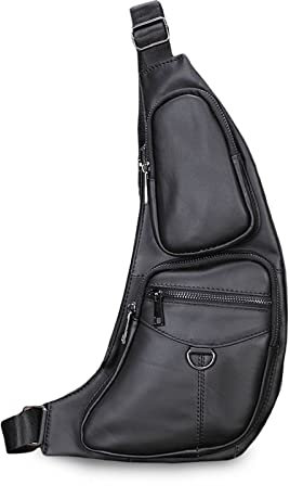 FANDARE Herren Brusttasche Leder Sling Bag Umhängetaschen Schultertasche Bauchtasche Wasserresistent Crossover Rucksack Daypacks für Outdoor Reisen Camping Wanderrucksäcke Crossbody Pack Schwarz