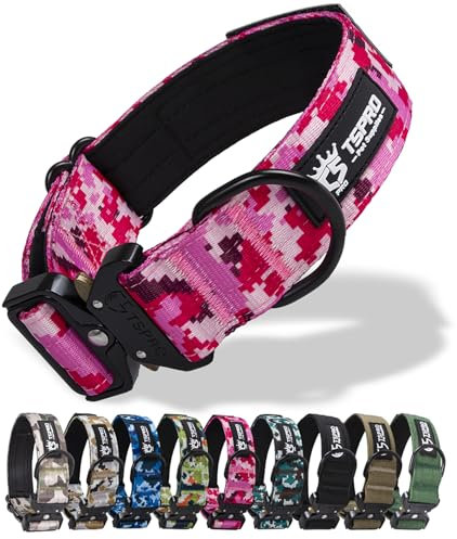 TSPRO Premium Hundehalsband mit Patch Dickes Verstellbares Taktisches Hundehalsband Schwere Ausführung Schnellverschluss Metallschnalle für Mittelgroße bis Große Hunde (Camo Rosa M)