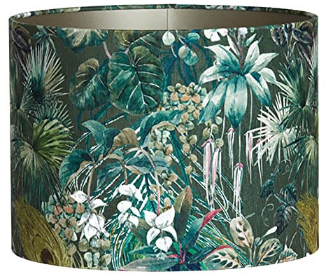 Lampenschirm Zylinder in Velours mit Floralen Motiven in Grün für Tischleuchte Tischlampe 25-25-18