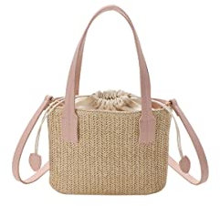 Ulisty Femmes Petit Sac en Paille Mini Tissé Sac à Seau Été Sac de Plage Mode Sac à bandoulière Sac à poignée supérieure Sac à épaule Sac à Main Rose