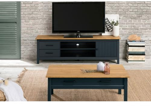 AltoBuy Tina - Pack Salon avec Meuble TV + Table Basse en Bois Ciré et Bleu Pétrole