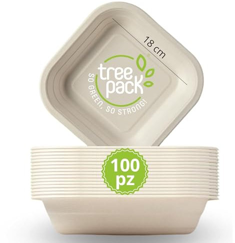 TREEPACK - Piatti usa e getta compostabili 100Pz, Piatti Monouso in Bamboo e Canna da Zucchero Capacità 530 ml, Piatti Biodegradabili per Microonde resistono da -18 °C a +200 °C. [18 x 18x 3,6 cm]