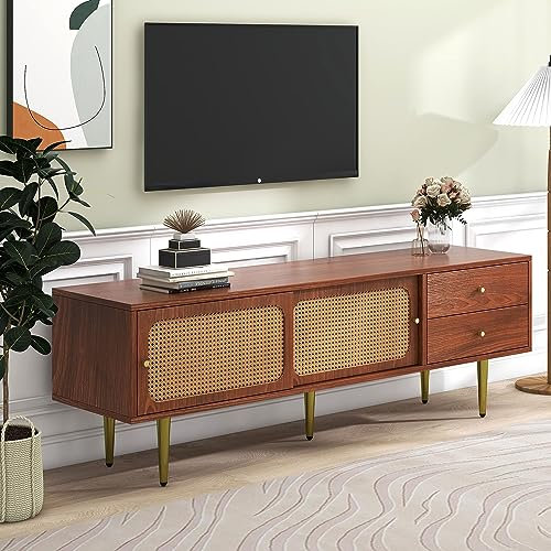 Azkoeesy Mueble TV Salón de 160 cm, con 2 Puertas correderas de ratán, 2 cajones, Patas de Metal Dorado, Nogal