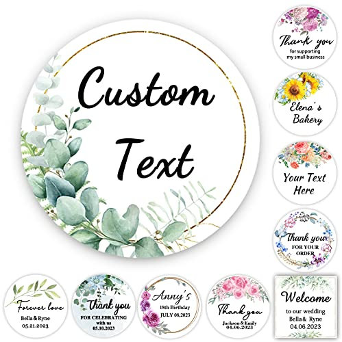 100 Personalisierte Aufkleber Runde Papieraufkleber mit Wunschtext Etiketten Blumenkranz mit Herz für Hochzeit, Taufe, Produkte, Geburtstag, Kommunion