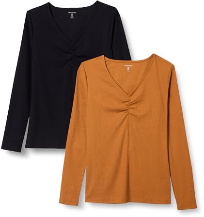 Amazon Essentials Women's Cinched V-Neck Long-Sleeved, Slim-fit, Rib-Knit T-Shirt, Pack of 2, Black/Caramel, M