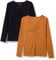 Amazon Essentials Women's Cinched V-Neck Long-Sleeved, Slim-fit, Rib-Knit T-Shirt, Pack of 2, Black/Caramel, M