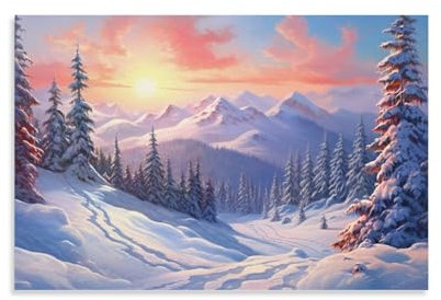 FOCCAR Schöne verschneite Berge Gemälde auf Leinwand Wandkunst Winterlandschaft Sonnenaufgang Leinwanddrucke Poster Wanddekoration für Heimdekorationen