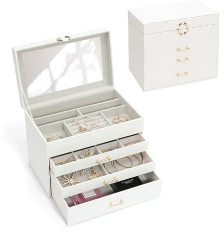V-LAFUYLIFE Schmuckschatulle mit Spiegel, Schmuckhalter zum Organisieren mit 3 Schubladen, 4-lagige Schmuckschatulle für Damen und Mädchen, große Schmuck-Aufbewahrungsbox (Weiß