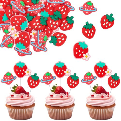 Gyufise Lot de 30 décorations de cupcakes sur le thème des fraises rouges pour fête prénatale pour enfants, garçons et filles, décorations de gâteaux