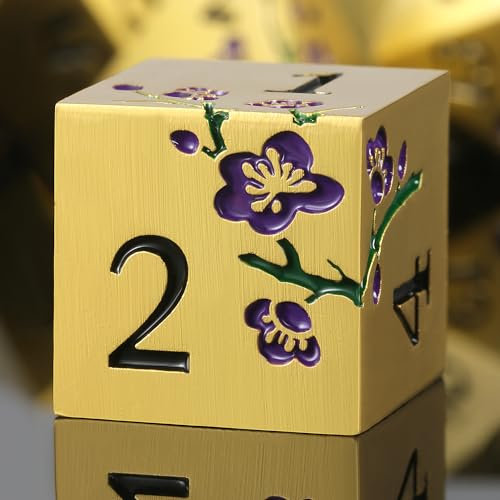 DNDND Metall-Würfel-Set, Metallic-Blumen, DND-Würfel mit großer Geschenkbox, für D&D-Dungeons und Drachen-Tischspiele (lila Blumen mit Gold), 7-teilig