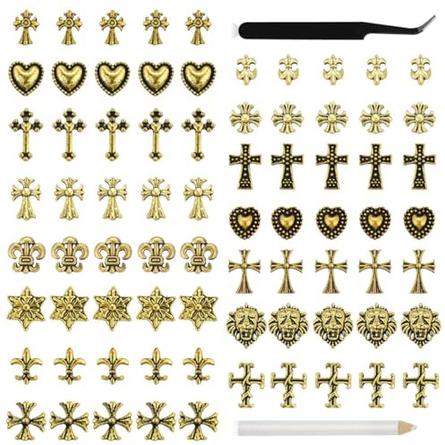 MQLSAERI 75 Stück 3D-Nagel-Charms, verchromtes Metall, Kreuz, silberner Nail-Art-Charm mit Gothic-Retro-Punk-Herzen und Totenköpfen, Maniküre, Nail-Art-Dekorationen - Gold