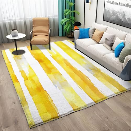 Teppich Supersoft Kurzflor - Teppich Gelb Gestreiftes Gekritzel Schlafend Waschbar Für Wohnzimmer Schlafzimmer Sofa Dekorativer Jugendzimmer Badezimmer Aus Polyester Fußmatte Weiß 160 X 230 cm