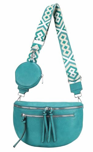 ITALYSHOP24 Damen Tasche Umhängetasche Brusttasche Muster Gürtel Bauchtasche Crossbody Gürteltasche Hüfttasche Crossover Bodybag Schultertasche Handytasche Leder Optik Türkis M