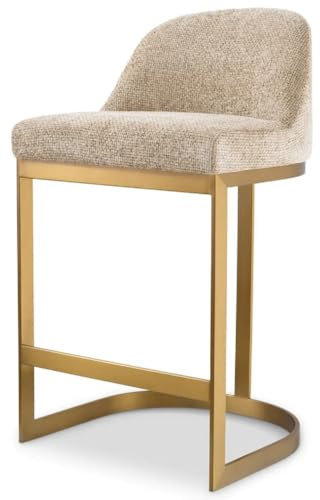 Casa Padrino Luxus Barstuhl Sandfarben/Messing 53 x 48 x H. 91 cm - Gepolsterter Edelstahl Barhocker - Bar Möbel - Luxus Möbel - Luxus Qualität