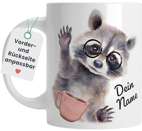 Personalisierte gute Laune Pedro Waschbär Tasse mit eigenem Namen und Spruch, lustige Keramiktasse, 330ml