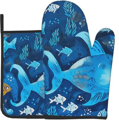 Ofenhandschuhe und Topflappen, Motiv: süßer blauer Fisch, hitzebeständige Küchenhandschuhe und heiße Pads zum Kochen, Backen, Grillen, 2 Stück