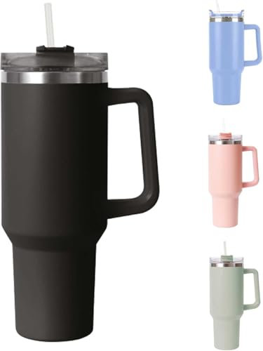 LKH Tumbler with Straw and Lid 40oz/1.1Litre Ergonomic Handle Thermal Travel Mug Stainless Steel Insulated Thermos Coffee Mug Keeps Drink Hot/Cold Leakproof Tumbler Bottle for Tea Coffee Drinks(Black)