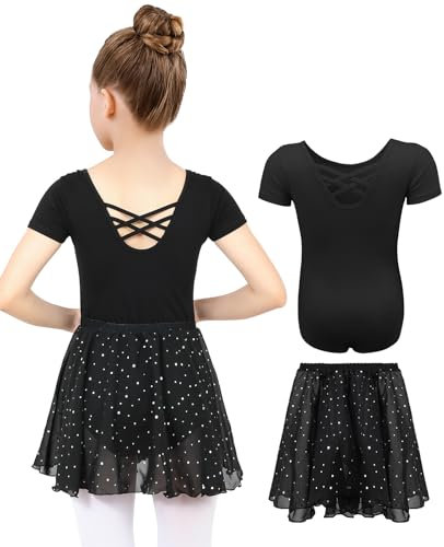 MYSSUCI Ballettkleidung Mädchen Ballettkleid Kinder Kurzarm Baumwolle Ballettanzug Tanzbody Tanzkleid mit Chiffon Rock Tütü 3-11Jahre (Schwarz, 150)