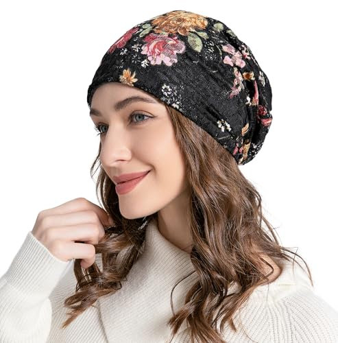 ZLYC Damen Slouch Beanie Winter Strickmützen Blumen Turban Hut((Blume und Schmetterling Schwarz),Einheitsgröße