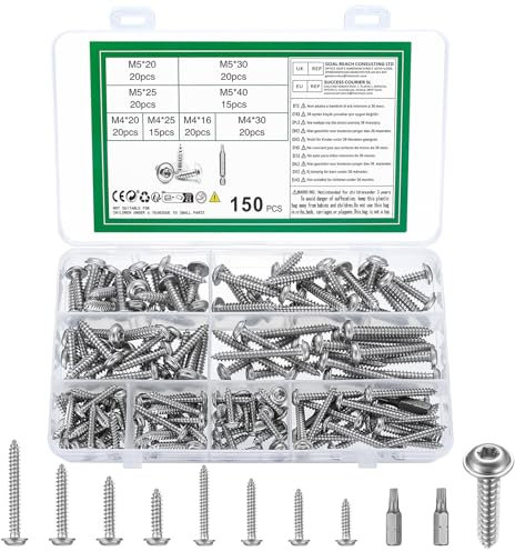 150 Piezas M4 M5 Tornillos Torx, Tornillos Autorroscantes Torx, Tornillos para Madera, Tornillos de Cabeza Plana Autoperforantes Acero Inox, Tornillos de Cabeza Alomada Oblea para Pladur Metálica