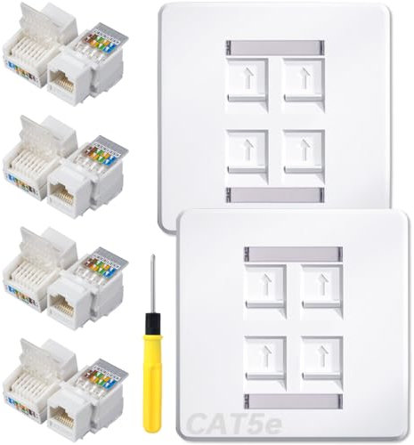 Acmerota CAT5e 4-Port CAT5e Socket Ethernet Faceplate RJ45 Socket Wall Plate Quad 4-Port Ethernet Wall Scoket Cable Networking Box 86mm, with Tool-Free Network Connector Module