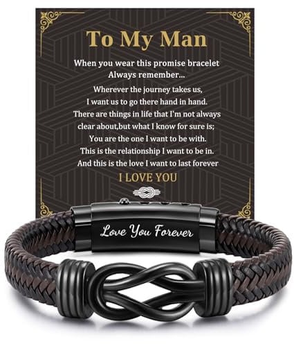 FLHEART Men's Bracelets Gifts for Men - Brown Braided Leather Infinity Knot Bracelets Engraved Letter Love You Forever for Husband, Mens Bracelets Gift for Birthday Christmas Anniversary