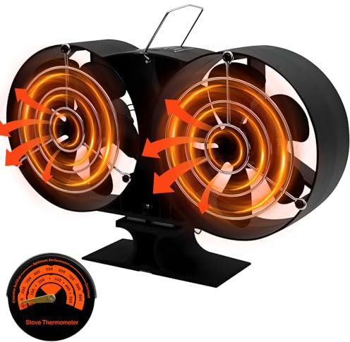 Stove Fan,Log Burner Fan with Double Motors,12 Blades Heat Powered Fireplace Fan Stove Fan with Stove Thermometer,Protective cover,Silent Operation,Log Fire Fan for Wood/Log Burner/Fireplace