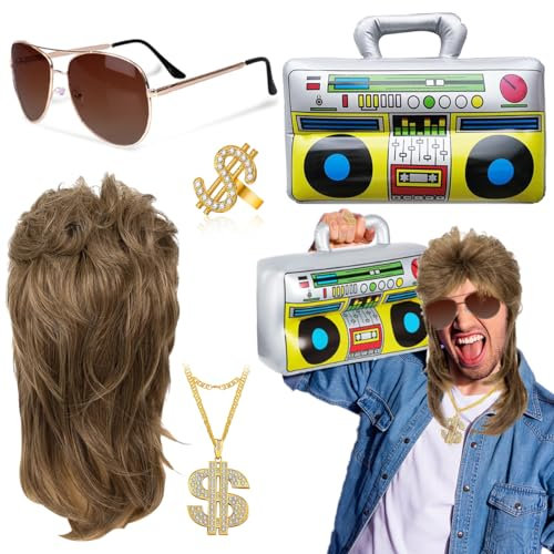 80er Jahre Outfit Herren Perücken, 5 in 1 Vokuhila Set mit Aufblasbare Radio Perücke Sonnenbrille Halskette Ring, Hip Hop Kostüm, Perücke Kostüm Set, 70er 80er Jahre Perücke Disco Hippie Kostüm Set