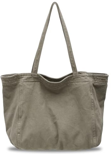 Boziee Denim/CanvasTasche Damen Shopper Groß Damen Tote Bag Beuteltasche Mit ReißVerschluss,Tragetasche Shopping Bag für School Schule Arbeit Büro Reisen Einkaufen Alltag (Canvas-Grau)