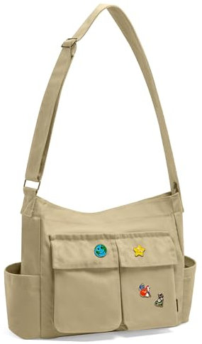 SKCOYH Canvas Messenger Bag – Kuriertasche mit Multi-Pockets & Metall-Schnalle, Crossbody Bag Herren & Damen, ideal für Schule, Uni, Reisen & Alltagspendeln.(Khaki)