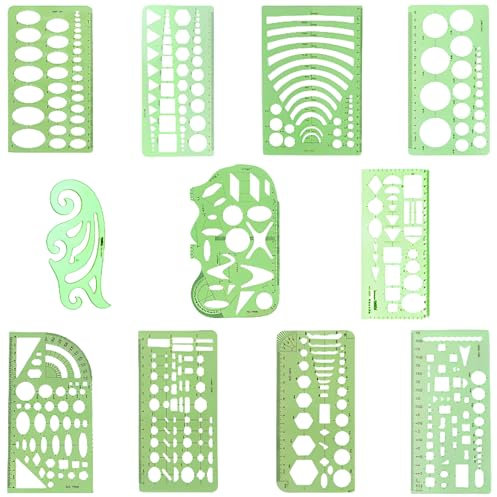 Zeichenschablone Technisches Zeichnen, 11 Stück Kunststoff Kreisschablone Set Geometrisches Lochschablone Zeichnungen Lineal Vorlage(Grün)