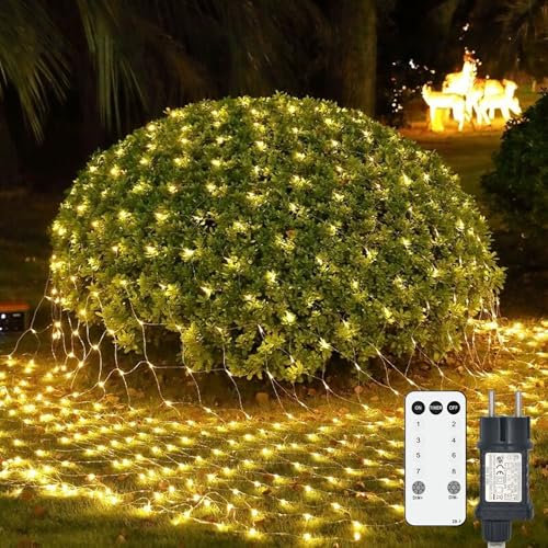 Lichternetz Außen, 2x2m 144 LED Lichterkette Außen Netz Warmweiß mit Stecker, Wasserdicht Lichternetz Innen Fernbedienung Timer 8 Modi, für Büsche Garten Weihnachtsbaum Zimmer Balkon