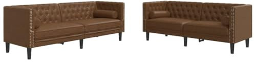 vidaXL Chesterfield Sofa Set mit Nackenrollen 2-TLG., Sofagarnitur mit Kissen, Sitzgruppe für Wohnzimmer, Polstersofa Couch Sessel, Braun Kunstleder Wildleder-Optik