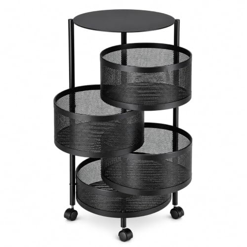 DUAS Rotating Storage Trolley – 4, 5, 6 Tier Kitchen & Bathroom Organiser with 360° Swivel Baskets – Space-Saving Metal Shelf Rack – Free-Standing with Lockable Wheels (5 Tier Round)
