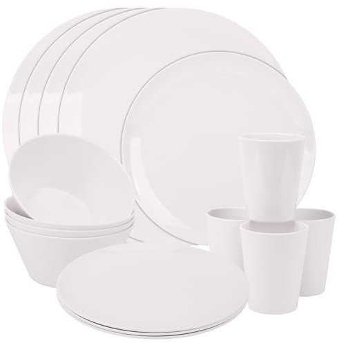 Trimming Shop Juego de vajilla de melamina de 16 piezas, apto para lavavajillas y resistente a los arañazos, 4 platos, 4 platos de postre, 4 cuencos y 4 tazas, juego de vajilla reutilizable para