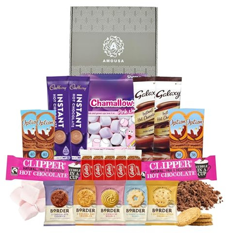Hot Chocolate Gift Set - This Hot Chocolate Hamper includes 10x Mixed Sachets, 1x pack of Marshmallows, 5x Biscoff Biscuits & 5x 2pk Border Biscuits. Gift Set for Women, Men & Children.