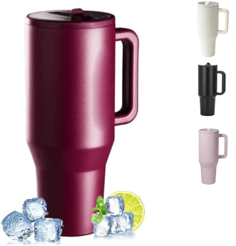 ZHUIYIWIN Tumbler with Folding Straw and Handle, Water Bottle Coffee Cup Travel Mug for Cold or Hot Drinks, Double Wall Stainless Steel Vacuum Insulated Tumbler with Rubber Bottom (Cranberry, 30OZ)