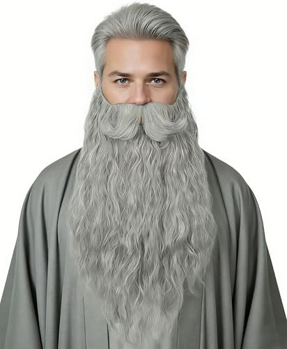 Linfairy Langer lockiger synthetischer Kunstbart Schnurrbart für Zaubererkostüme und Halloween-Partys für Erwachsene (Grey)