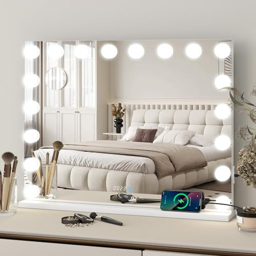 YOURLITE Hollywood Vanity Mirror with Lights, 80×62cm Makeup Mirror with 18 Dimmable LED Bulbs, 3 Light Modes, Time/Temp Display & Touch Sensor, USB/Type-C Ports, Tabletop & Wall Mounted for Bedroom