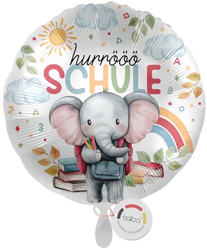 balloa Folienballon XXL Hurrööö Schulkind, großer runder Helium Ballon zur Einschulung mit fröhlichem Elefant und Schulsachen, Geschenkidee für Jungen Mädchen, befüllbar mit Luft Helium, 53cm