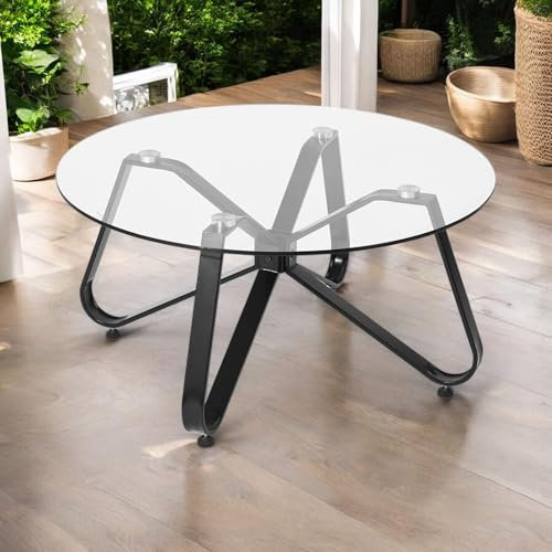 FurnitureR Tables Basses de Jardin, Table Ronde Minimaliste en Verre Trempé avec Bords Arrondis Lisses, Métal Legs, Table Basse D'extérieur dans Le Jardin et Patio, 80 x 80 x 40 cm