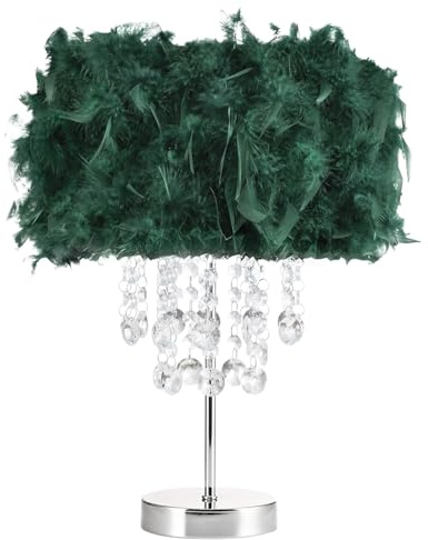 Happy Homewares Modern and Chic Real Forest Green Feather Chandelier Style Table Lamp with Waterfall Clear Acrylic Drops | Chrome Metal Base and Stem