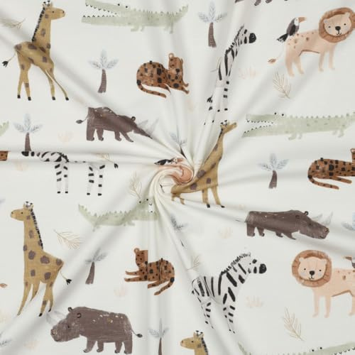 Baumwolljersey Safari Animals – Digitaldruck Stoff mit Tieren – weiß – 50 cm Einheiten – OEKO-TEX® Klasse 1 - Meterware
