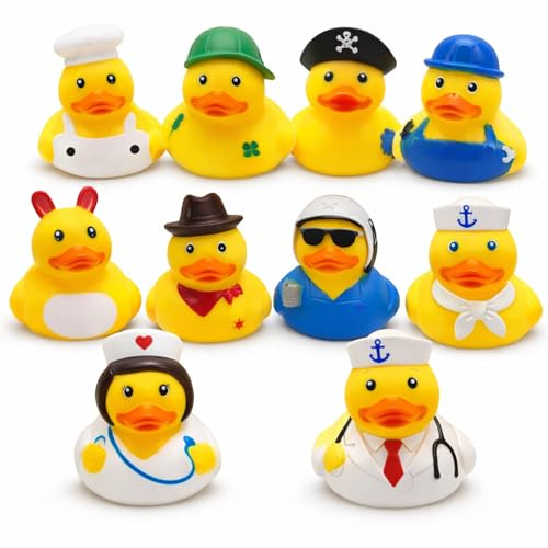 Gummienten 10 Stück, Mini Badeenten mit Figuren, Lustige Enten im Kostüm, Badespielzeug für Kinder, Kleine Quietscheenten für Geschenke, Partys und Mitgebsel, 5 x 5 cm