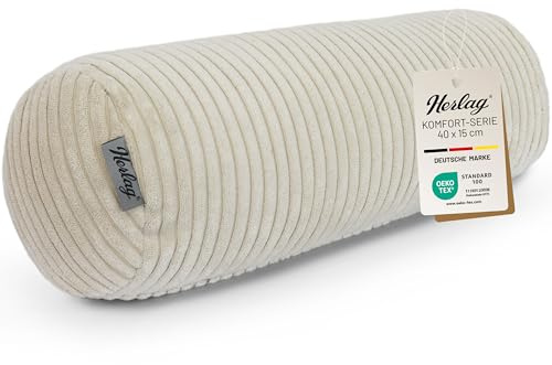 Herlag Kissenrolle Ella Cremeweiß 40x15cm - Kleine Nackenrolle aus Kord - Handliches Nackenstützkissen für Reisen - Weiche Komfortrolle für Erwachsene & Kinder - Waschbar - Öko Tex 100