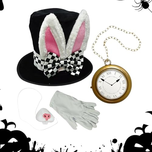 Générique Déguisement de Lapin Blanc - Oreilles, Haut-de-Forme, Nez, Gants et Montre pour Halloween et Pâques - 4 Pièces Fournitures de Cosplay pour Thé Party et Événements de Jeu de Rôle