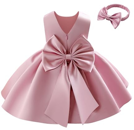 Miipat Robe pour Bébé Fille Satiné Robe Demoiselle d'honneur Bowknot Ligne A V-arrière Baptême Mariage de Soirée Anniversaire Fête Communion Robes pour Enfants de 6 Mois à 4 Ans